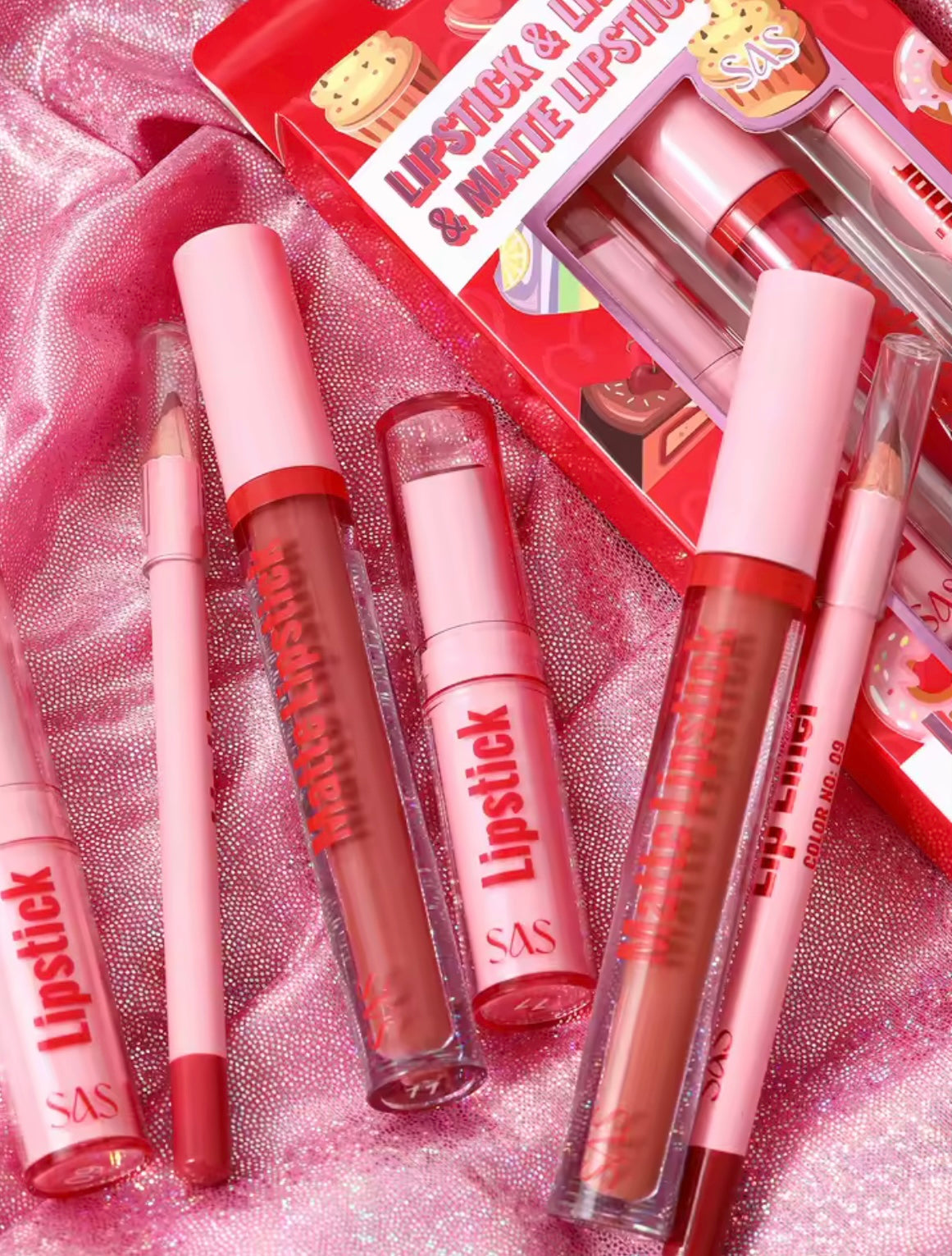 Lipstick and lip gloss set, matte liquid lipstick + matching lip liner + lip gloss - Lip makeup set gift set