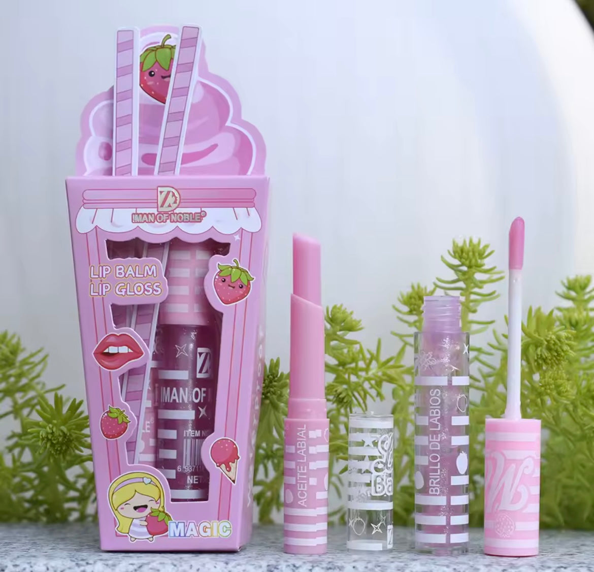 Cute Ice Cream Shiny Lip Gloss Lip Balm Set Girls Woman Waterproof Longlasting Natural Mois