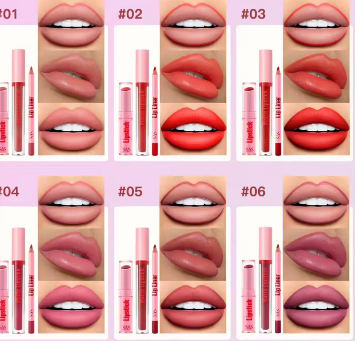 Lipstick and lip gloss set, matte liquid lipstick + matching lip liner + lip gloss - Lip makeup set gift set