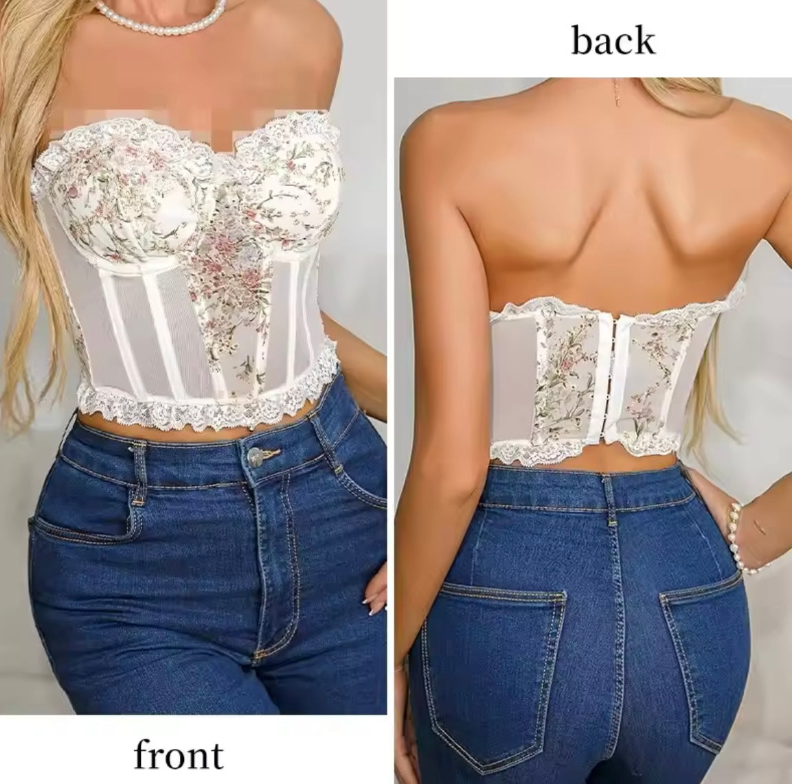 Women's White Sexy Lace Mesh Fish Bone Chest Flower Embroidered Bra Women's Strapless Lace Top
