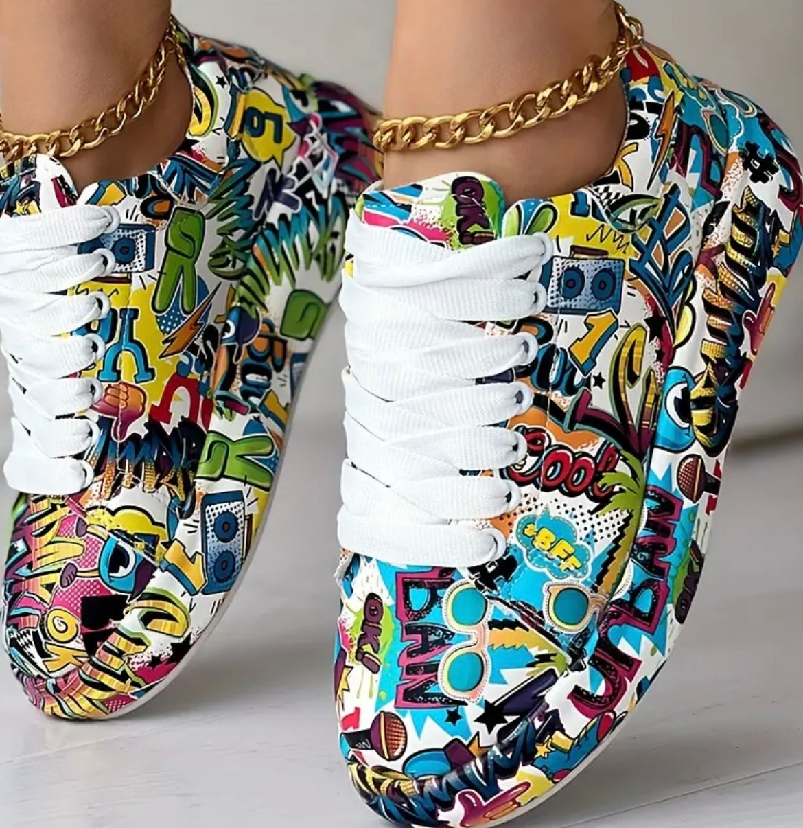 Womens Graffiti Art Sneakers - Stylish Lace-Up Platform Shoes with Comfortable Low Top Design - Perfect for Sports & Casual Wear - Fashionable Skate Style