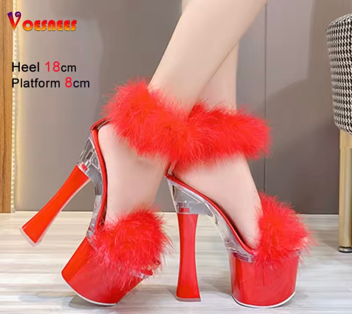2025 Summer Fashion Fur Women Sandals Peep Toe High Heel 18CM Shoes Elegant Platform Female