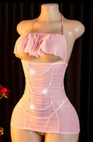 Sexy Lingerie, Pink Soft Ggauze Form-fitting Nightgown, Halter Neck Openwork See-through Sress with Thong Panties, Sexy Lingerie for Women Plus Size, Erotic Lingerie, Sassy Lingerie for Women Horny, Lingerie Dress, Womens Lingerie