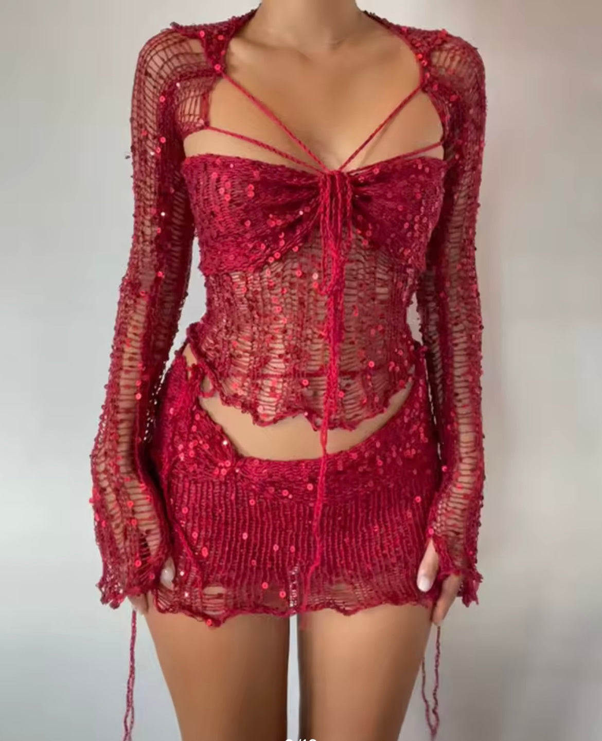 Crochet Knitted Dress 2 Piece Skirt Sets with Beaded Detailing and Flared Sleeves for Stylish Outfits