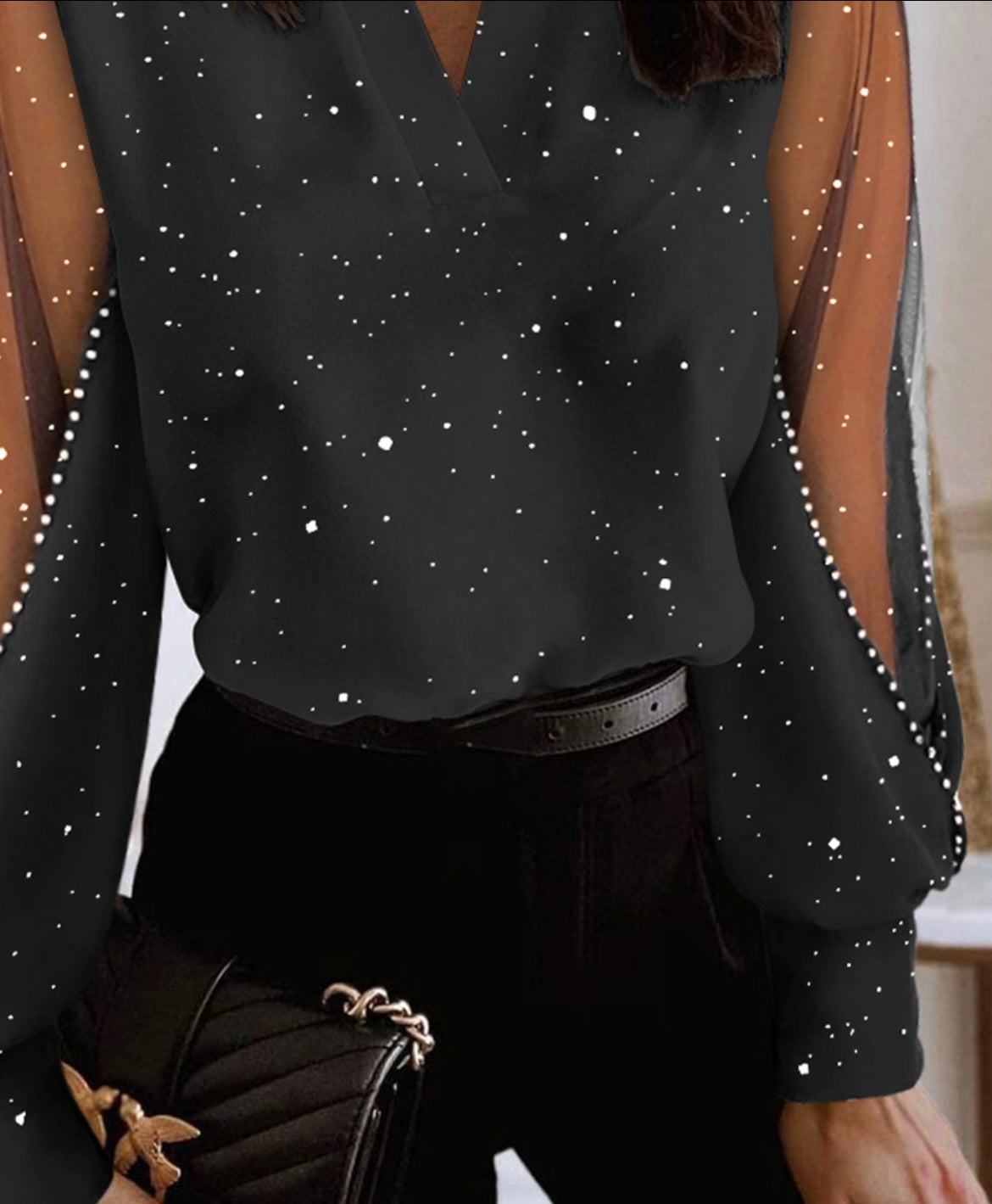 Glitter Sheer Mesh Patchwork Top