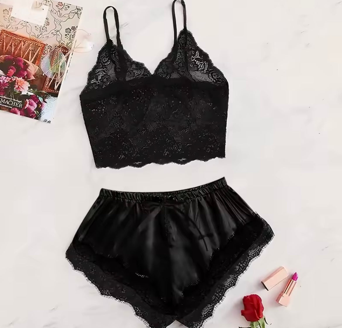 Women's 2 Piece Sexy Lace Pajama Set See-Through Bralette Cami Top and Shorts Breathable Sleepwear