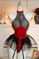 Women'S 5pcs Sexy Costume Lingerie Set with Short Sleeve Top, Underwear, Thigh-High Stockings & Horned Headband - Red & Halloween, Christmas Parties, Themed Events - Comfortable & Durable Adult Cosplay Outfit, Sexy Lingerie S