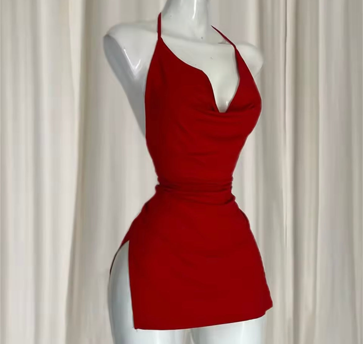 V Neck Backless Side Slit Sexy Slim Camisole Dress Summer Female Elegant Lace Up Dresses