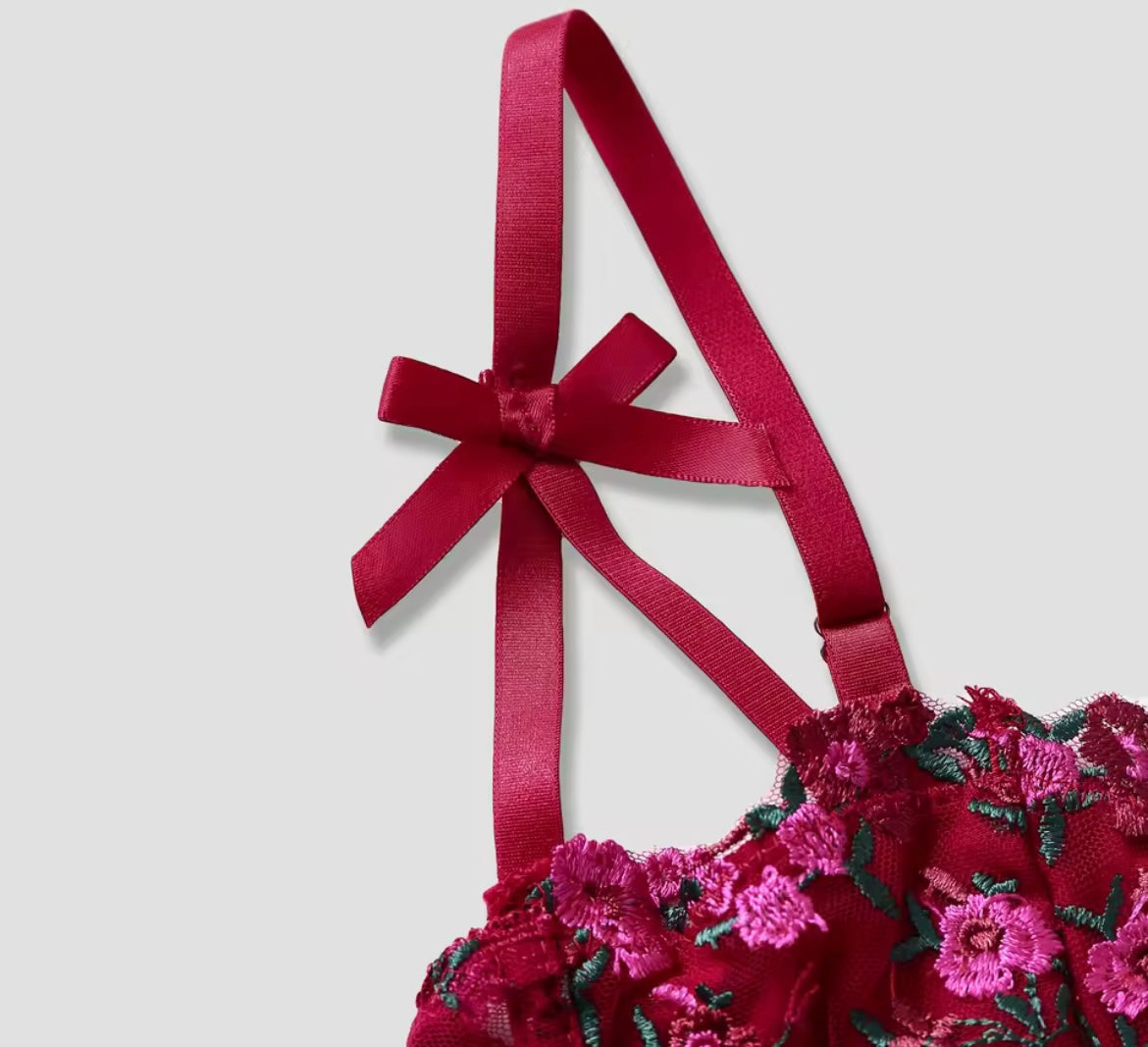 Sexy Lace Floral Embroidery Bow Corset For Women Camisole Sheer Mesh Fishbone Slim Crop Top