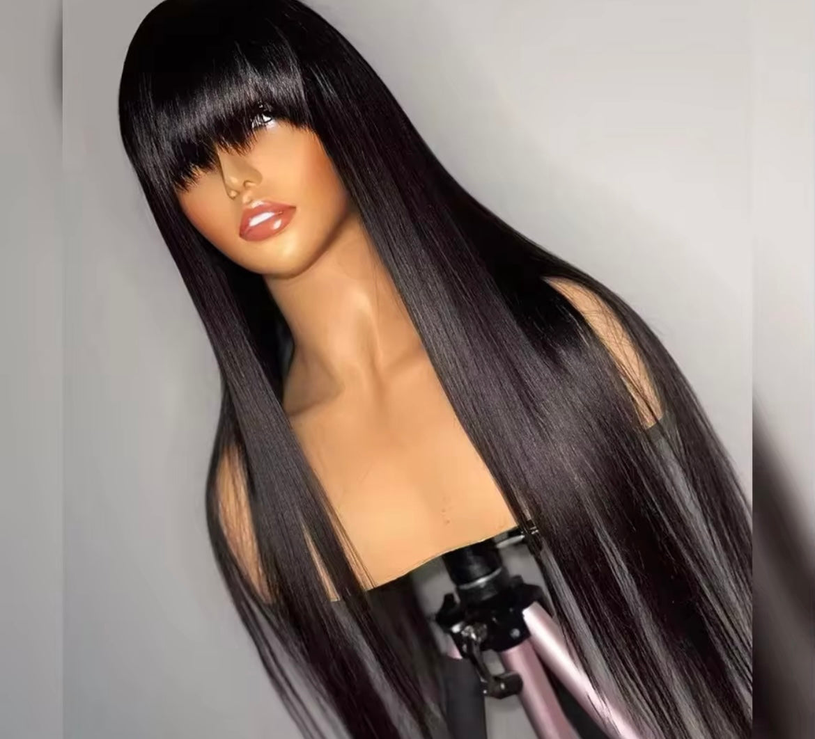 Straight Human Hair Wigs With Bang Full Machine Made Wigs 30 34 inch Natural Color Wig 3x1 Lace Front