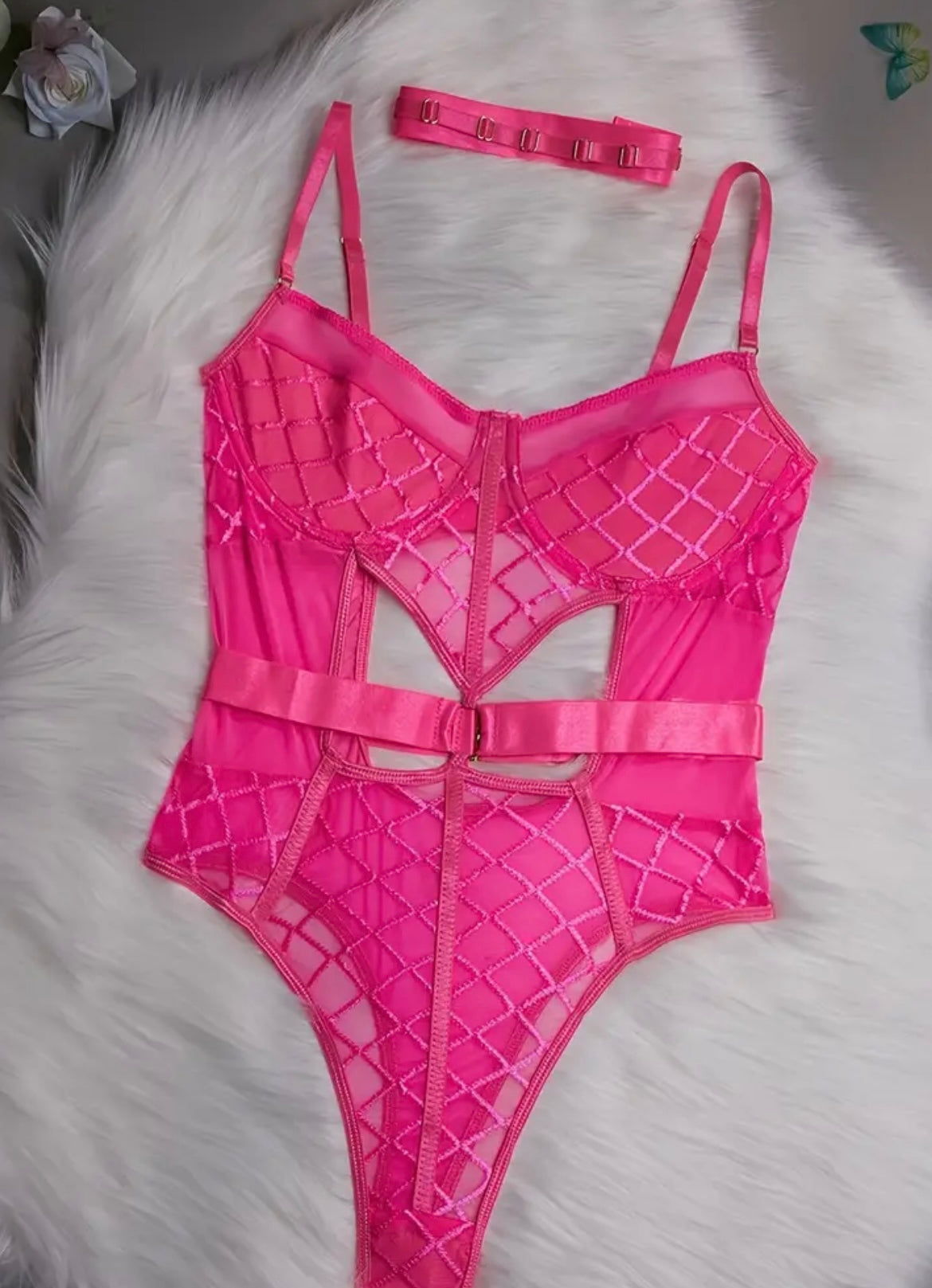 Women'S Alluring Euro Club Bodysuit - Sheer Mesh & Fishnet Backless Choker Neckline with Sultry Cutout Design, Low-Rise Waist & No Padding - Outfit for Nightclub, Party, Special Occasions - Vibrant Pink Comfortable Low-Suppo
