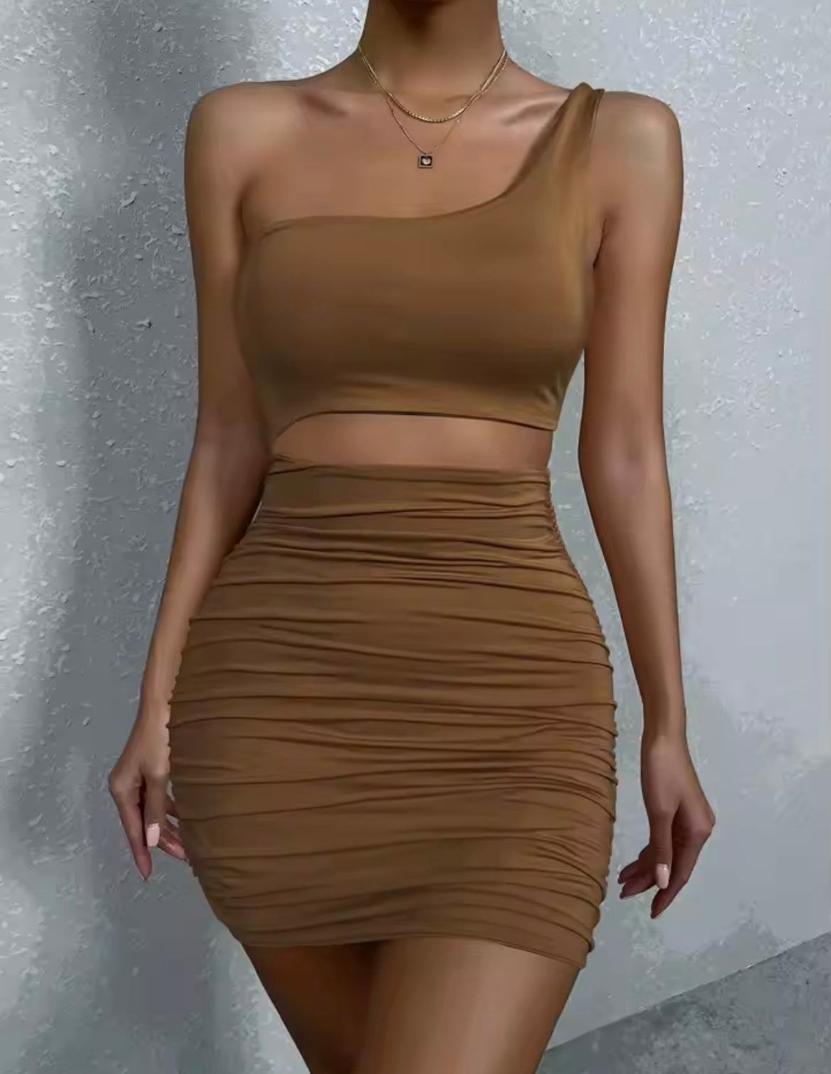 Sexy One Shoulde Backless Bodycon Mini Dress Women's Waist Hollow Out Tight Pleated Wrapping Dress