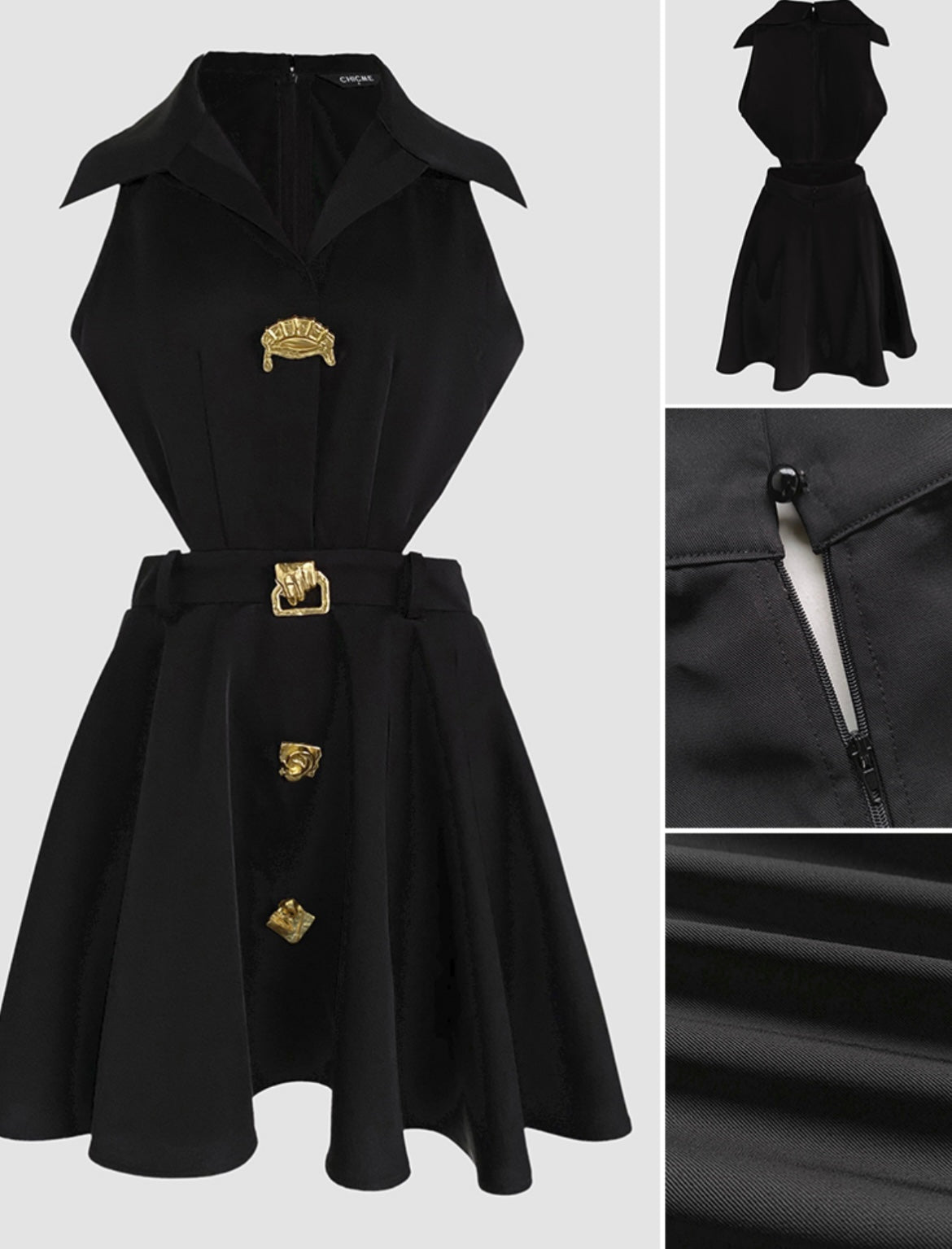 Golden Button Decor Turn-down Collar Sleeveless Waist Cutout Dress Zipper Back Umbrella Hem Party Dress