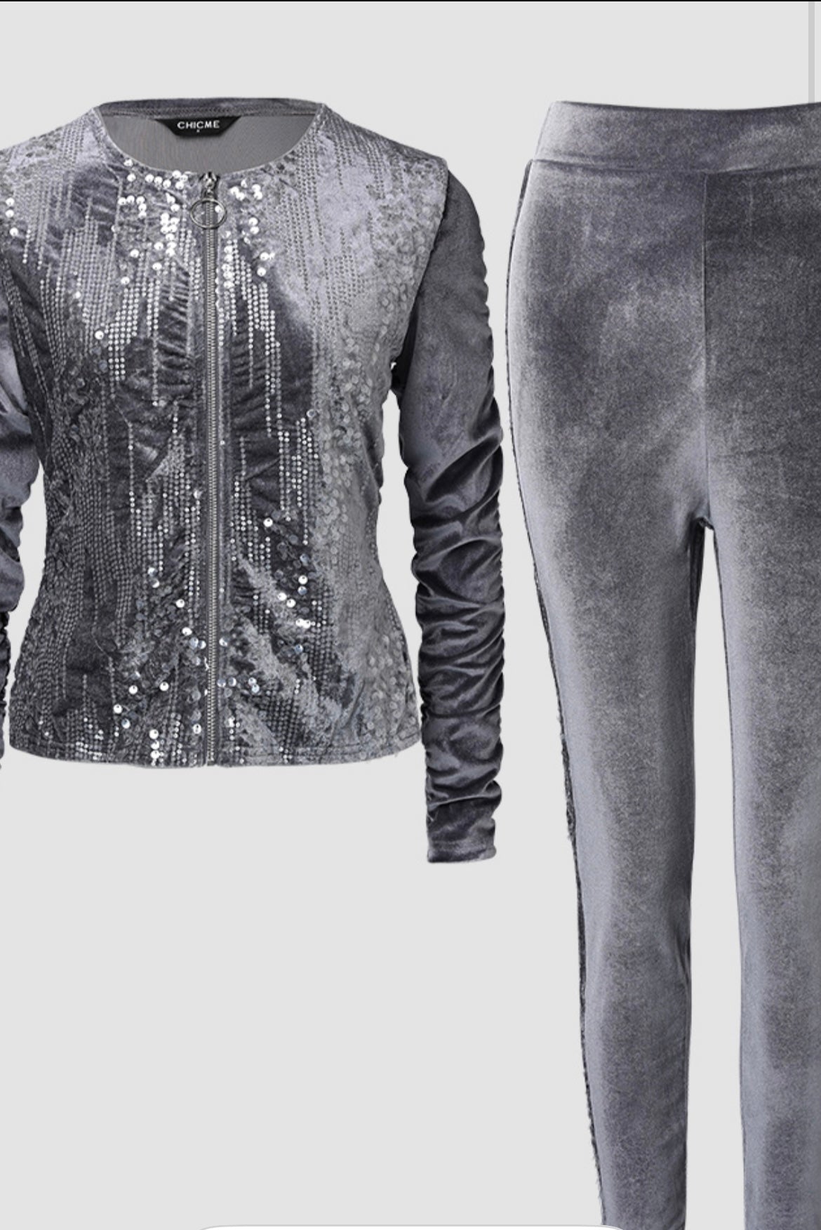 2 Pieces Outfit Contrast Sequin Ruched Long Sleeve Zip Up Coat and Elastic Waist Pants Set Casual Slim Fit Velvet Tracksuit