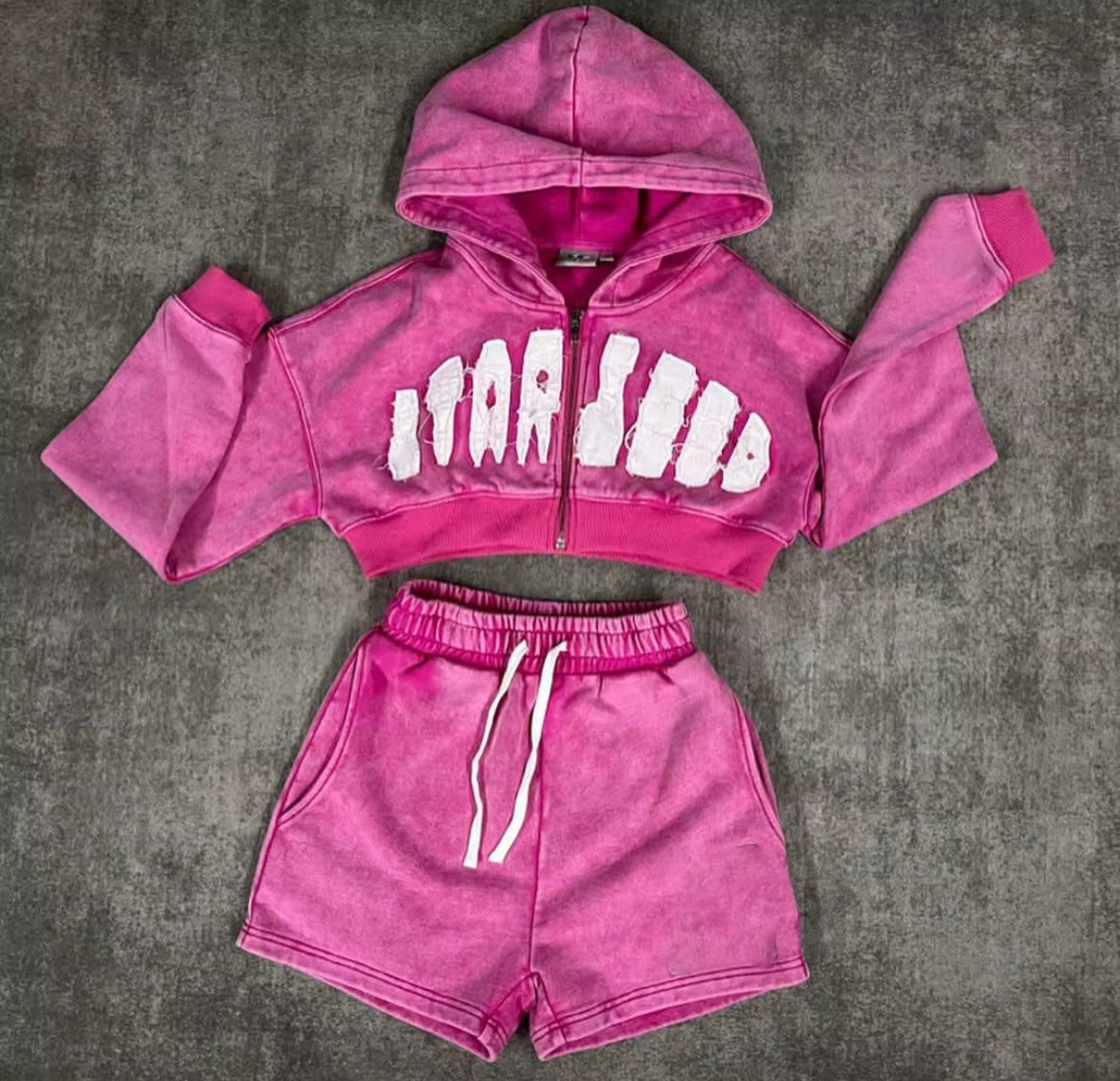 Matching Embroidery Track Jogging Sweat Suit with Acid Wash Crop Tracksuit