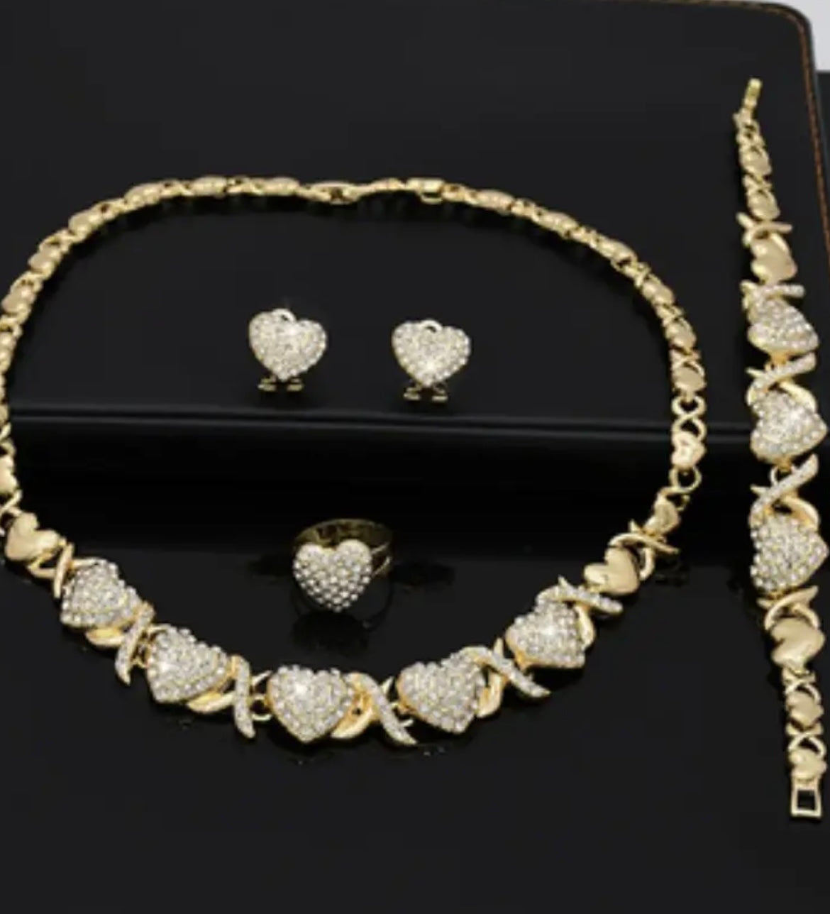 4pcs/set, Classic and Popular Heart-shaped Pendant Necklace, Ring, Earring, Bracelet Set, Engagement Gift, Bridal Wedding Accessory