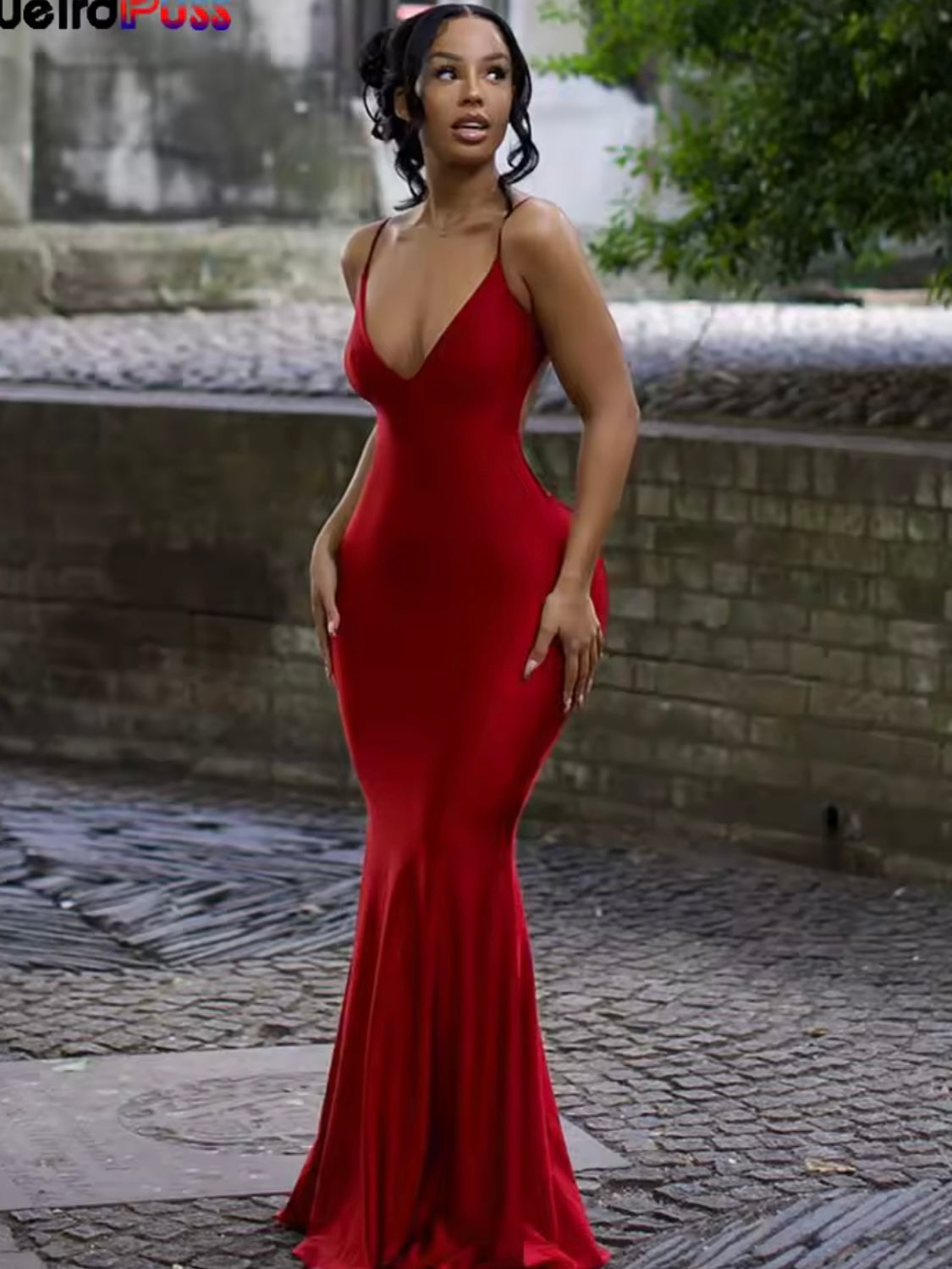 Sexy Backless Women Evening Maxi Dress Folds V-Neck Sleeveless Coquette
