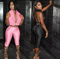New Women Two Piece Pants Set Furry Halter Sleeveless Backless Lace Up Top