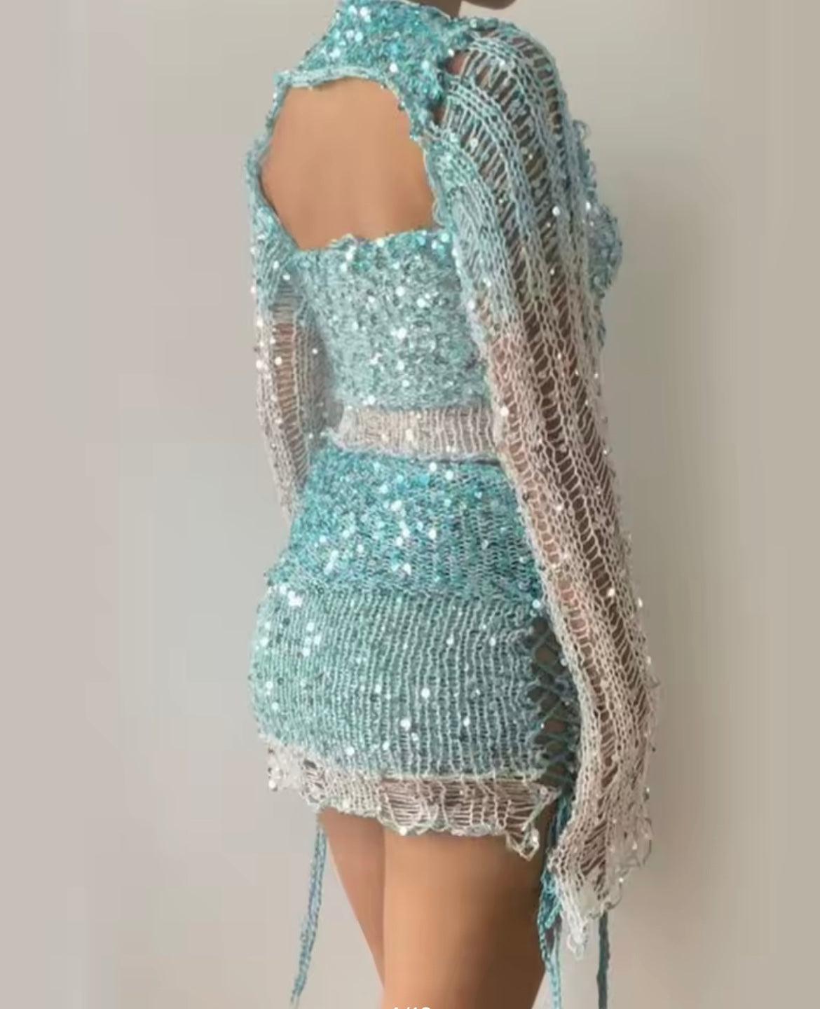 Crochet Knitted Dress 2 Piece Skirt Sets with Beaded Detailing and Flared Sleeves for Stylish Outfits