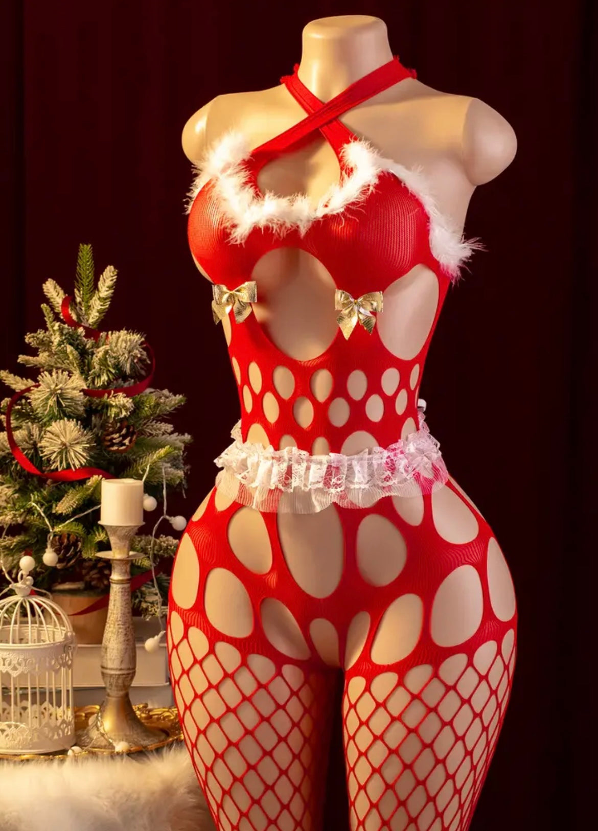 Women's Christmas Lingerie Jumpsuit - Off-Shoulder Grid Pattern Red & White Sheer Bodysuit with Lace Trim & Ruffled Details for Holiday Flirting & Intimate Nights