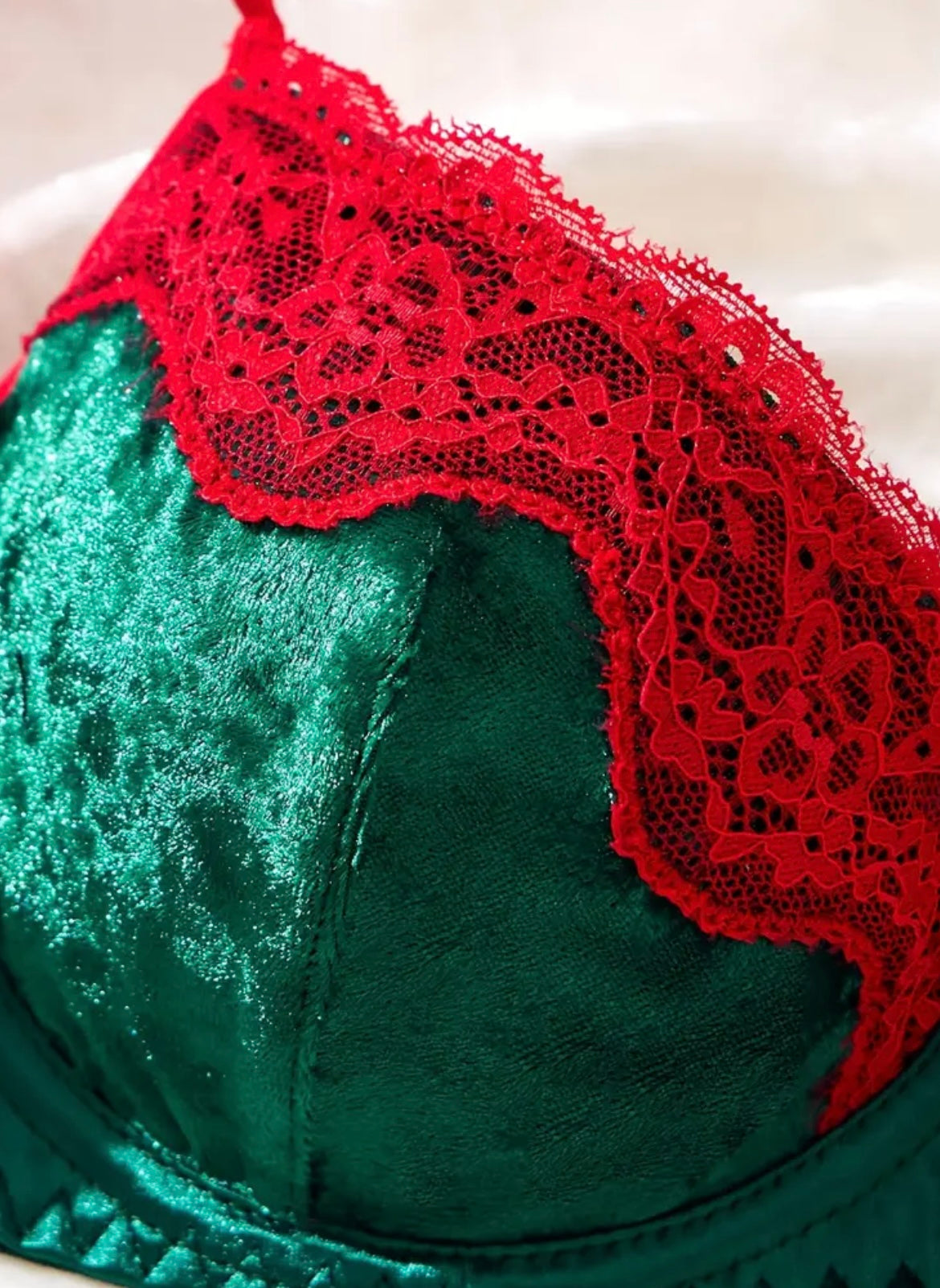 's Green & Red Lace Underwear Set - Sheer Semi-Sheer Lingerie with Strapless Bra & Low-Rise Thong, Burgundy Lace Trim & Matching Panties, Hand Wash Only - Sexy Bohemian/Boudoir Wear