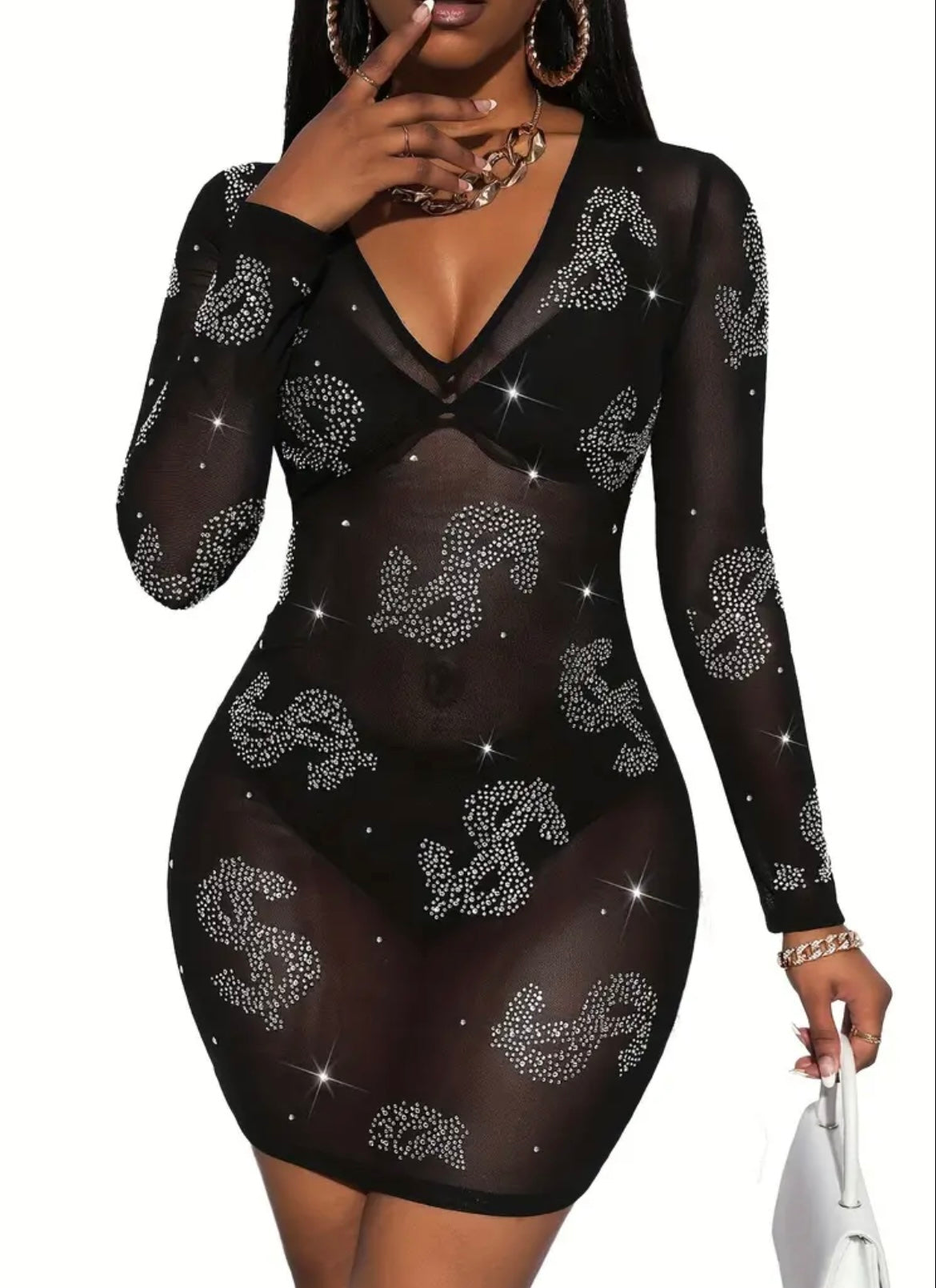 Sexy rhinestone dollar pattern mesh slim fit dress (no underwear set)