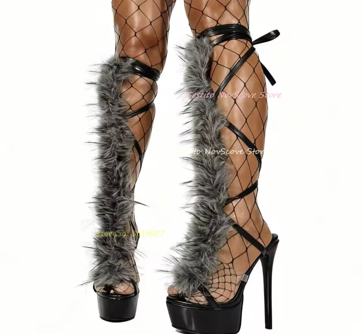 Open Toe Furry Knee High Sandals Boots Platform Stiletto High Heel Cutouts Strappy Summer Sexy Heels