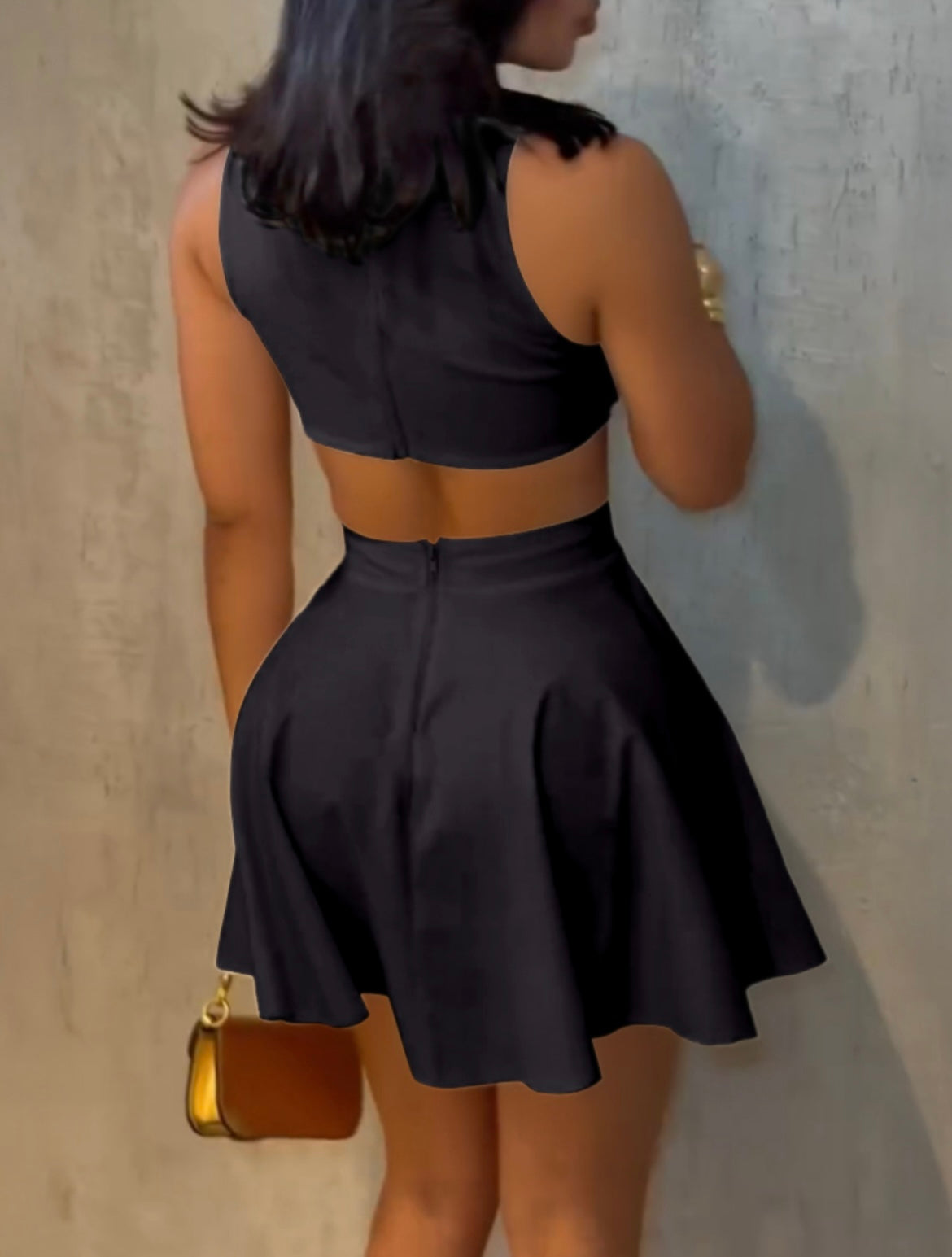 Golden Button Decor Turn-down Collar Sleeveless Waist Cutout Dress Zipper Back Umbrella Hem Party Dress