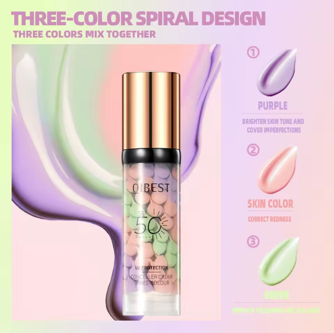 Qibest Three Color Press Release Cream Concealer Isolate Makeup Facial Base Brightening Cream Liquid