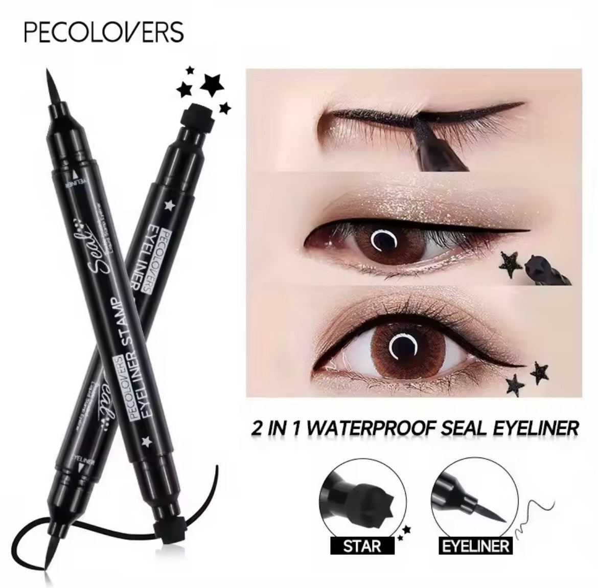 2 In 1 Black Liquid Eyeliner Double-head Moon Stamp Eye Liner Pencil Quick Dry Non-Smudge Long