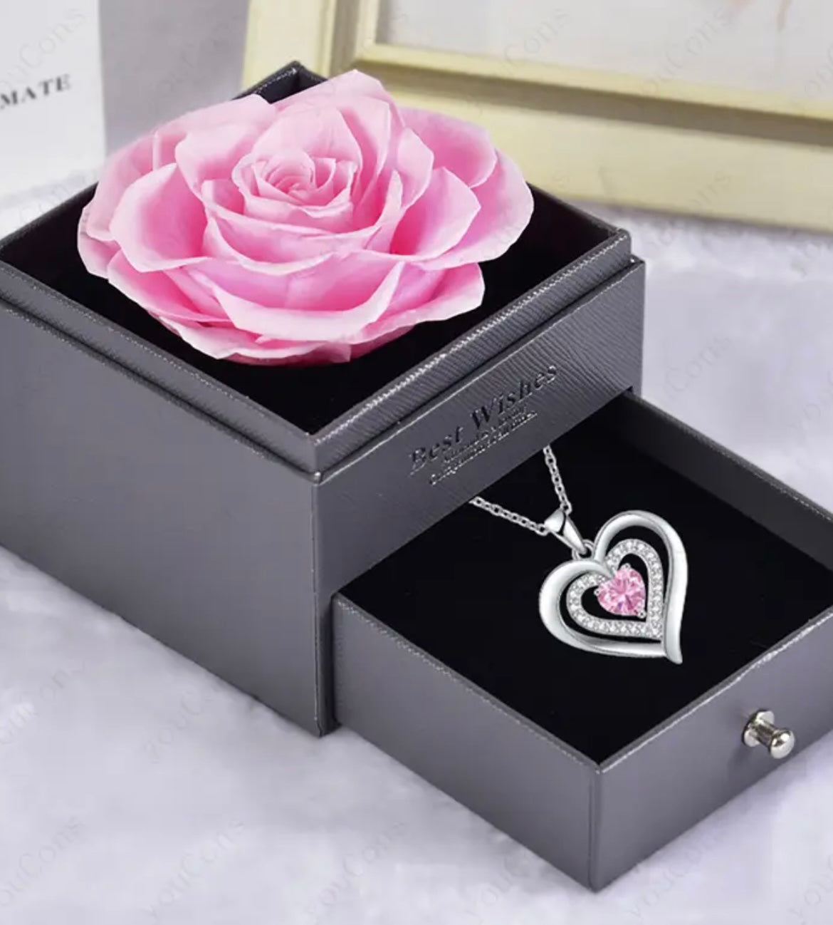 Lucky Stone October Birthstone Heart Pendant Necklace with Eternal Pink Rose Acrylic Gift Box Set, Includes Greeting Card and Gift Bag - Perfect Choice for Weddings, Dates, Mother'S Day, Valentine'S Day, Christmas, Birthdays, and Anniversaries - Ideal for