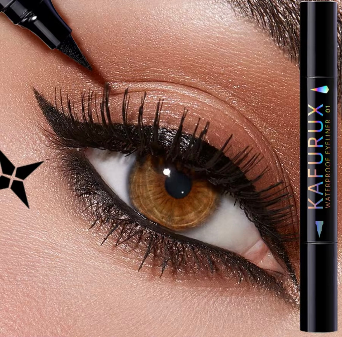 3 Colors Double Head Star Seal Eyeliner Waterproof Stamp Pen Black Blue Purple Eye Liner