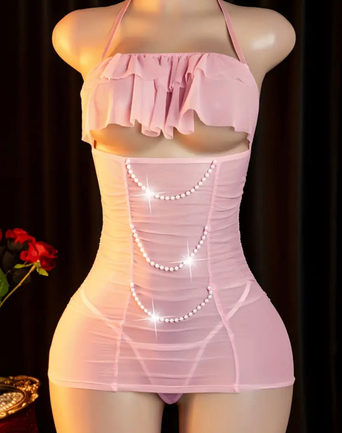 Sexy Lingerie, Pink Soft Ggauze Form-fitting Nightgown, Halter Neck Openwork See-through Sress with Thong Panties, Sexy Lingerie for Women Plus Size, Erotic Lingerie, Sassy Lingerie for Women Horny, Lingerie Dress, Womens Lingerie