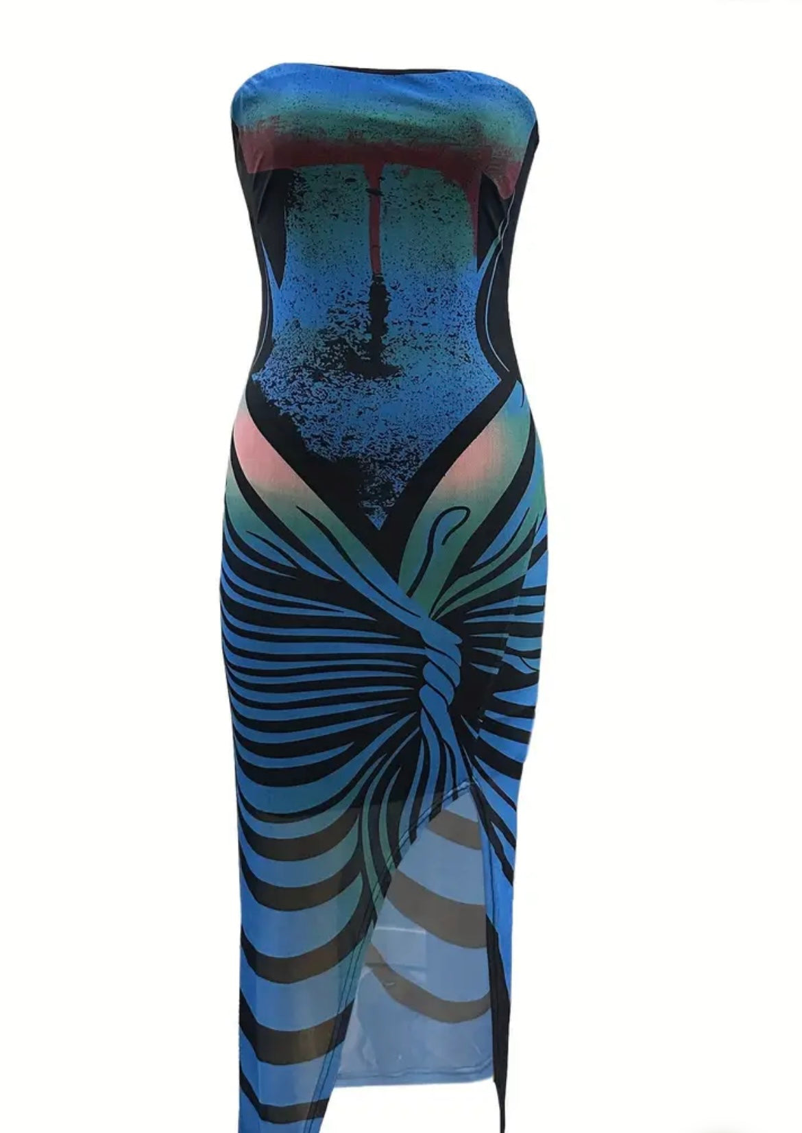 Sexy Strapless Striped Maxi Dress with High Slit - Royal Blue & White Vertical Stripes, Flowy Summer Evening Gown for Women, Perfect for Parties & Formal Events, Formal Evening Gown