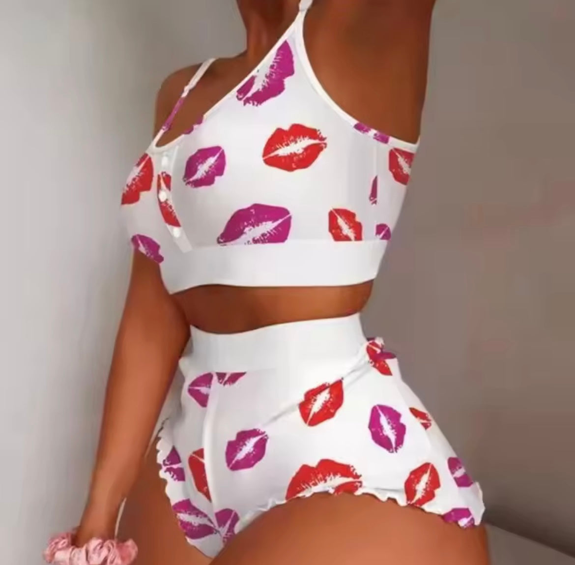 Women Sleepwear Lips Butterfly Print Home Suspended Pajamas Set Vest Bra Top Short Nightwear Ling