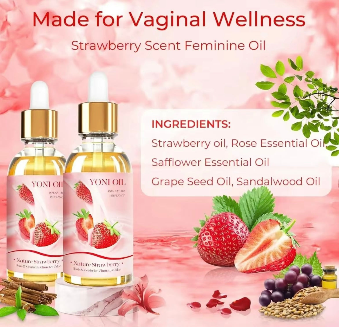 2 piece Yoni Oil feminine moisturizer ph balance order eliminater strawberry essential oil