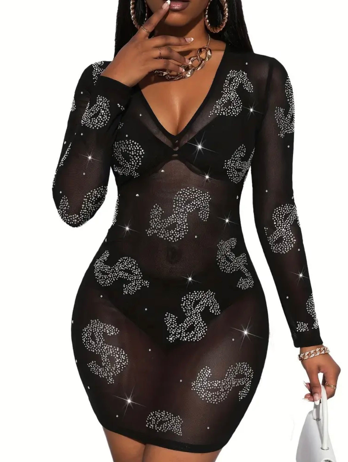 Sexy rhinestone dollar pattern mesh slim fit dress (no underwear set)