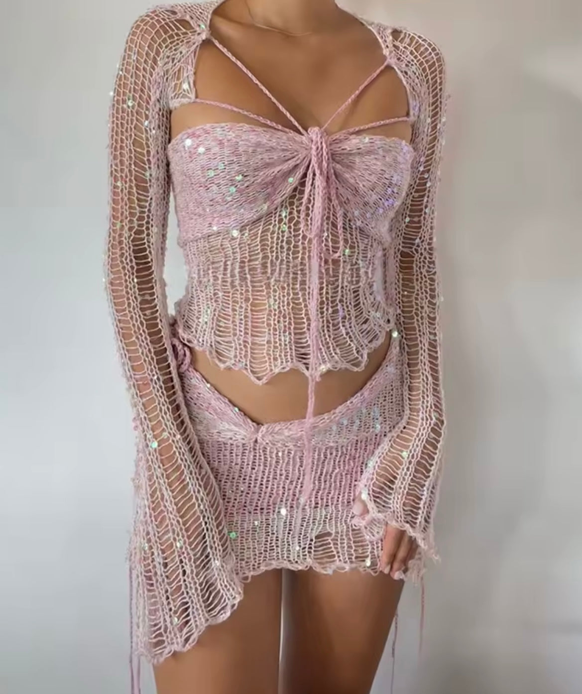 Crochet Knitted Dress 2 Piece Skirt Sets with Beaded Detailing and Flared Sleeves for Stylish Outfits