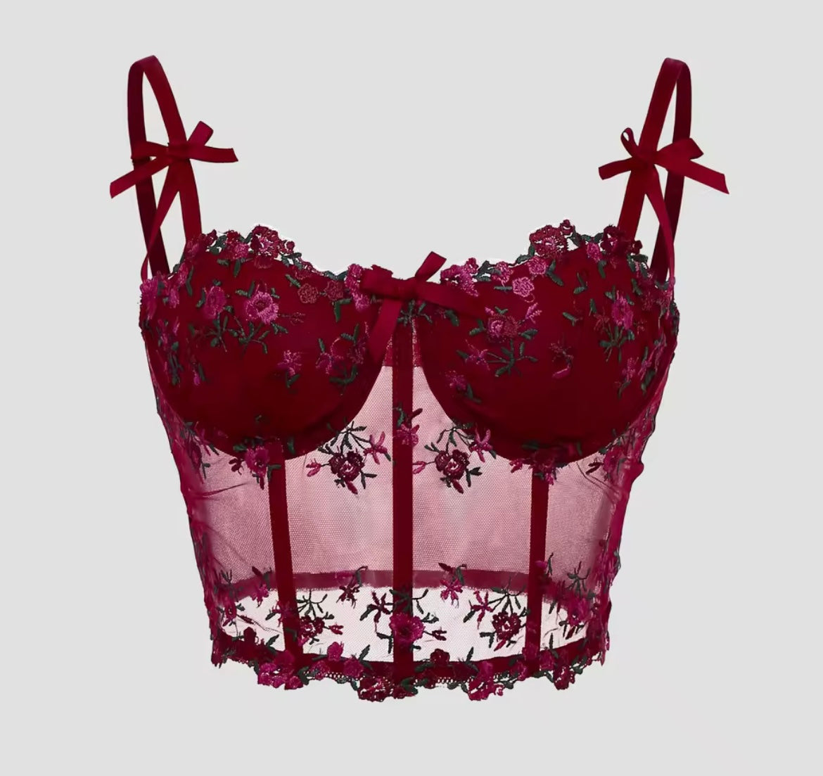 Sexy Lace Floral Embroidery Bow Corset For Women Camisole Sheer Mesh Fishbone Slim Crop Top
