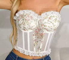 Women's White Sexy Lace Mesh Fish Bone Chest Flower Embroidered Bra Women's Strapless Lace Top
