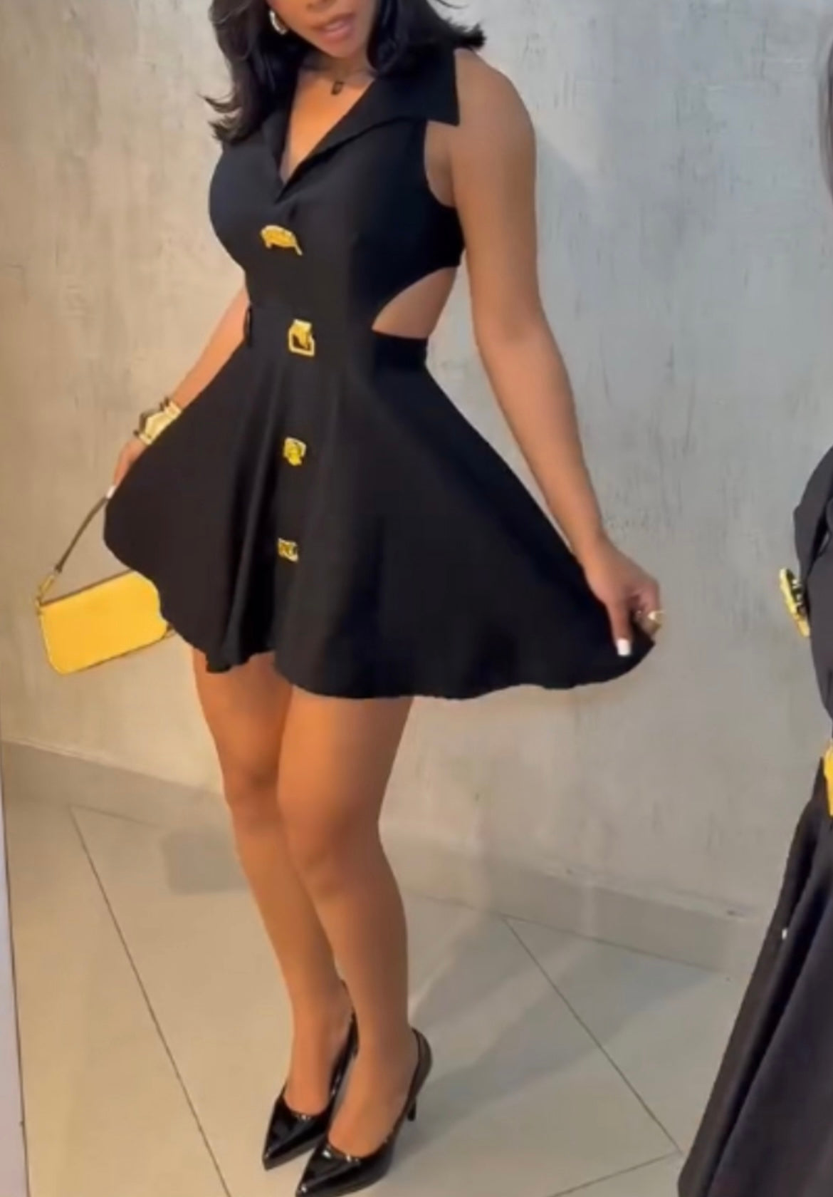 Golden Button Decor Turn-down Collar Sleeveless Waist Cutout Dress Zipper Back Umbrella Hem Party Dress