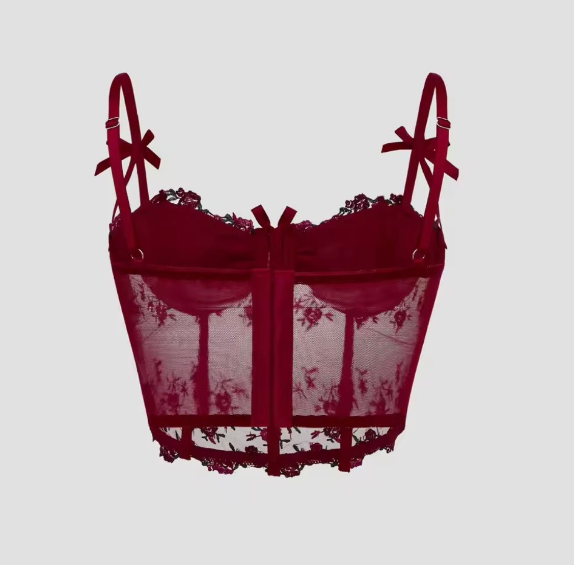 Sexy Lace Floral Embroidery Bow Corset For Women Camisole Sheer Mesh Fishbone Slim Crop Top