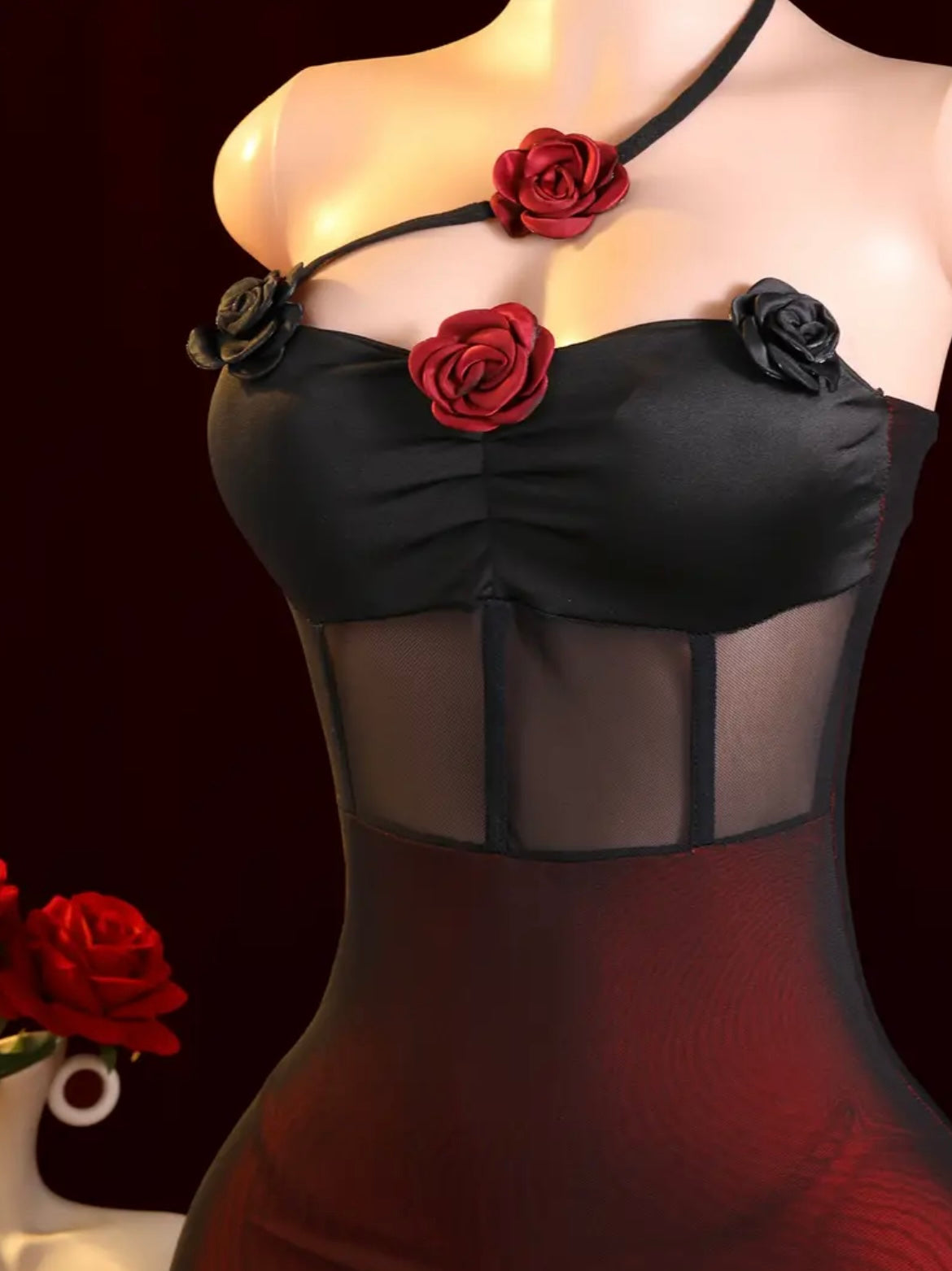 Elegant Black Velvet Dress with Red Rose Design - Sexy High-End Lingerie, Playful Mini Skirt Set, Perfect for Adults, Adult Lingerie Sophisticated Style|Velvet Dress