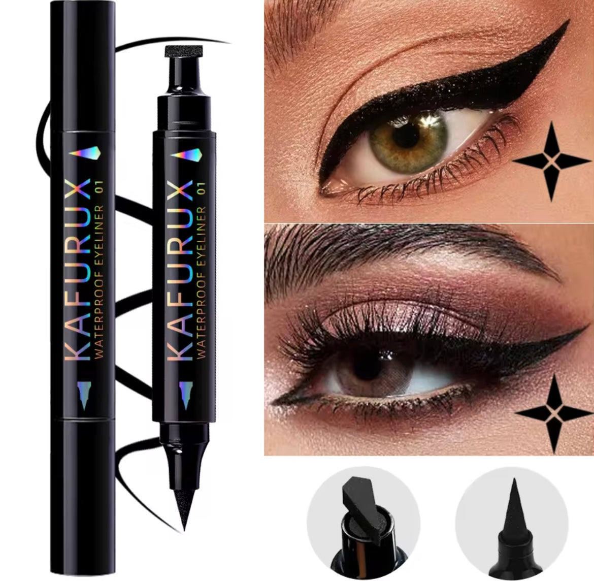 3 Colors Double Head Star Seal Eyeliner Waterproof Stamp Pen Black Blue Purple Eye Liner