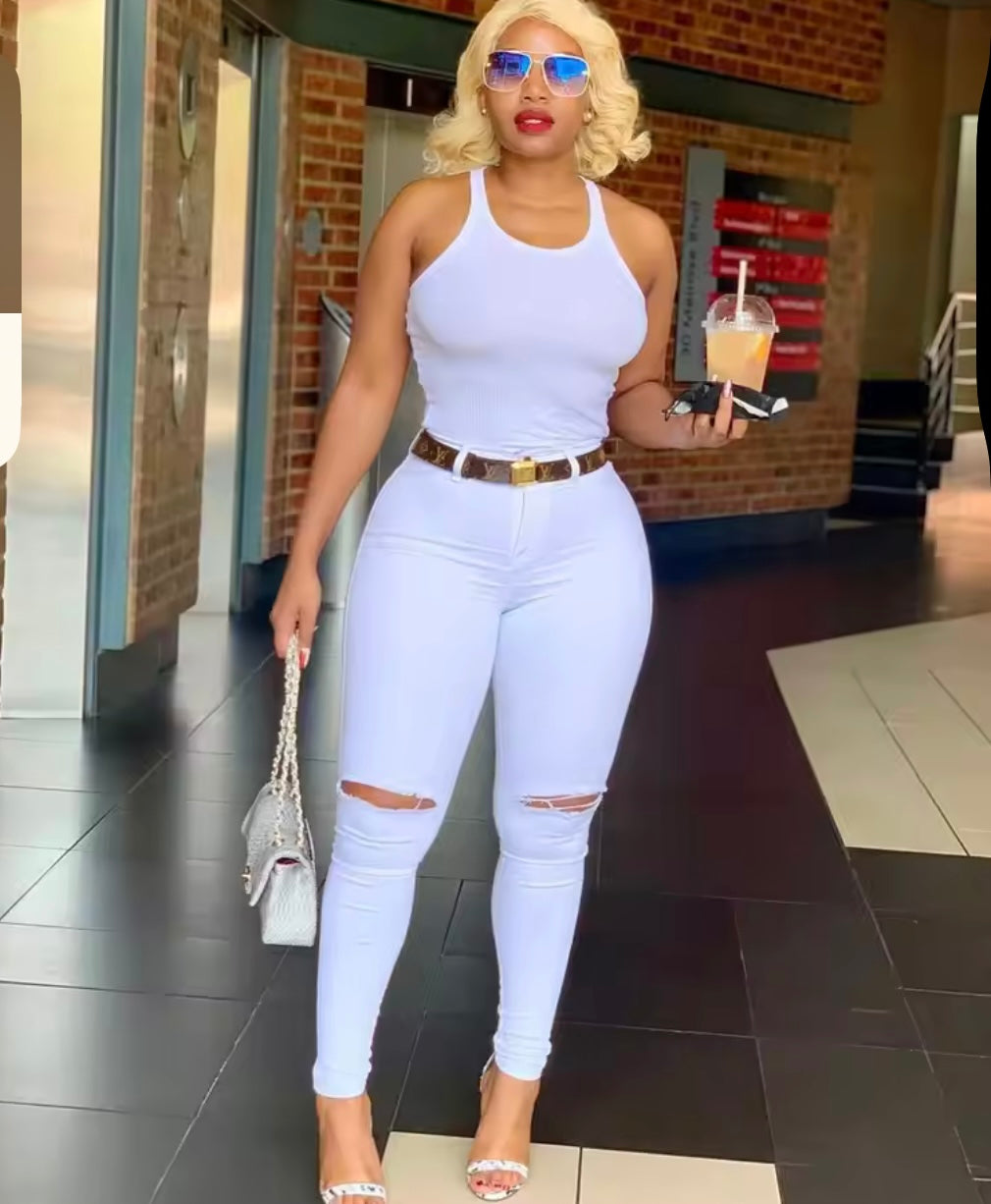 Spring New Women's White High Waist Ripped Jeans Fashion Slim Stretch Denim Pencil Pants