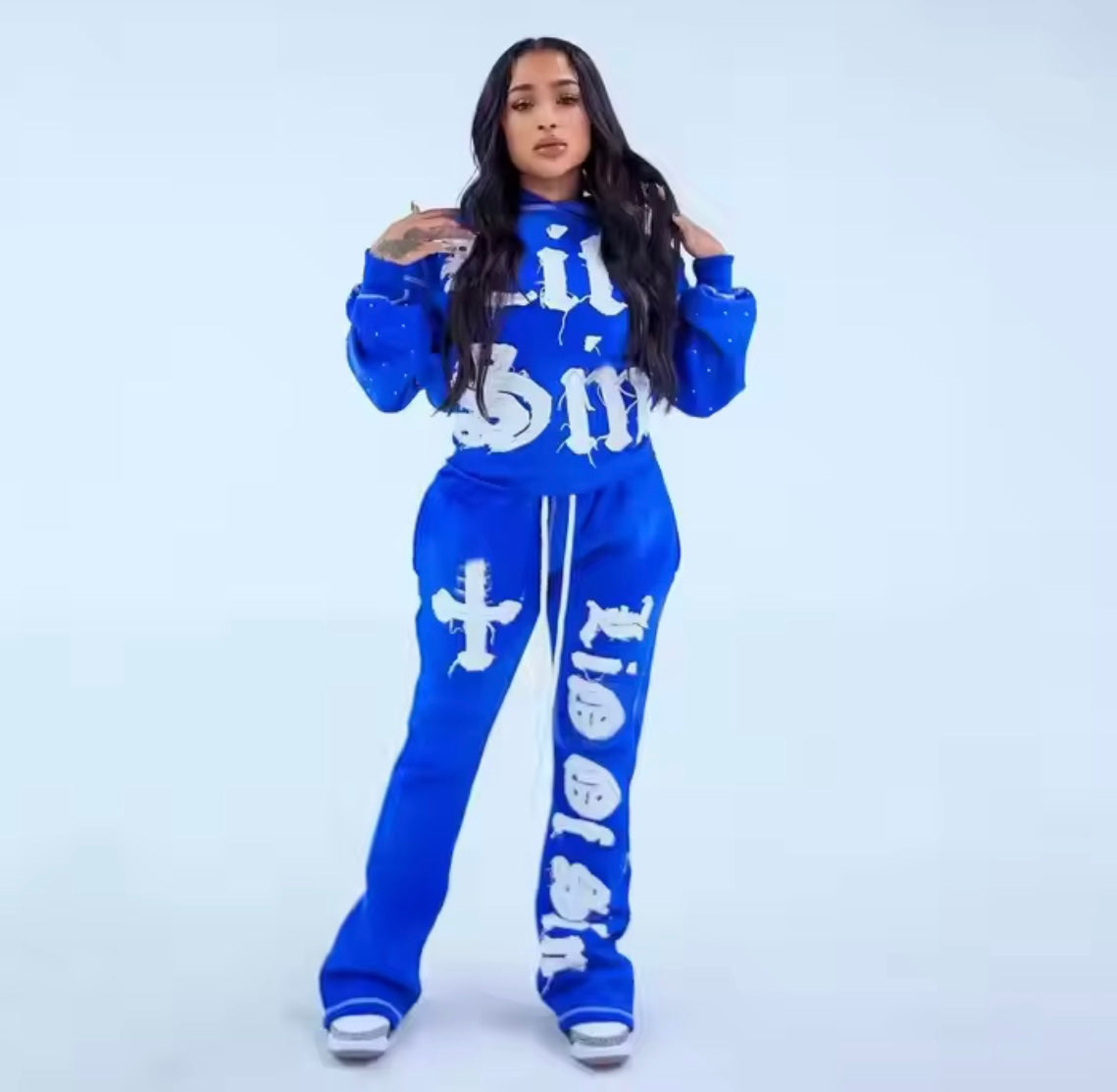 Custom Tech Fleece Distress Patch Tracksuit Flared Sweatpants