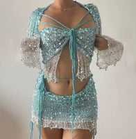 Crochet Knitted Dress 2 Piece Skirt Sets with Beaded Detailing and Flared Sleeves for Stylish Outfits