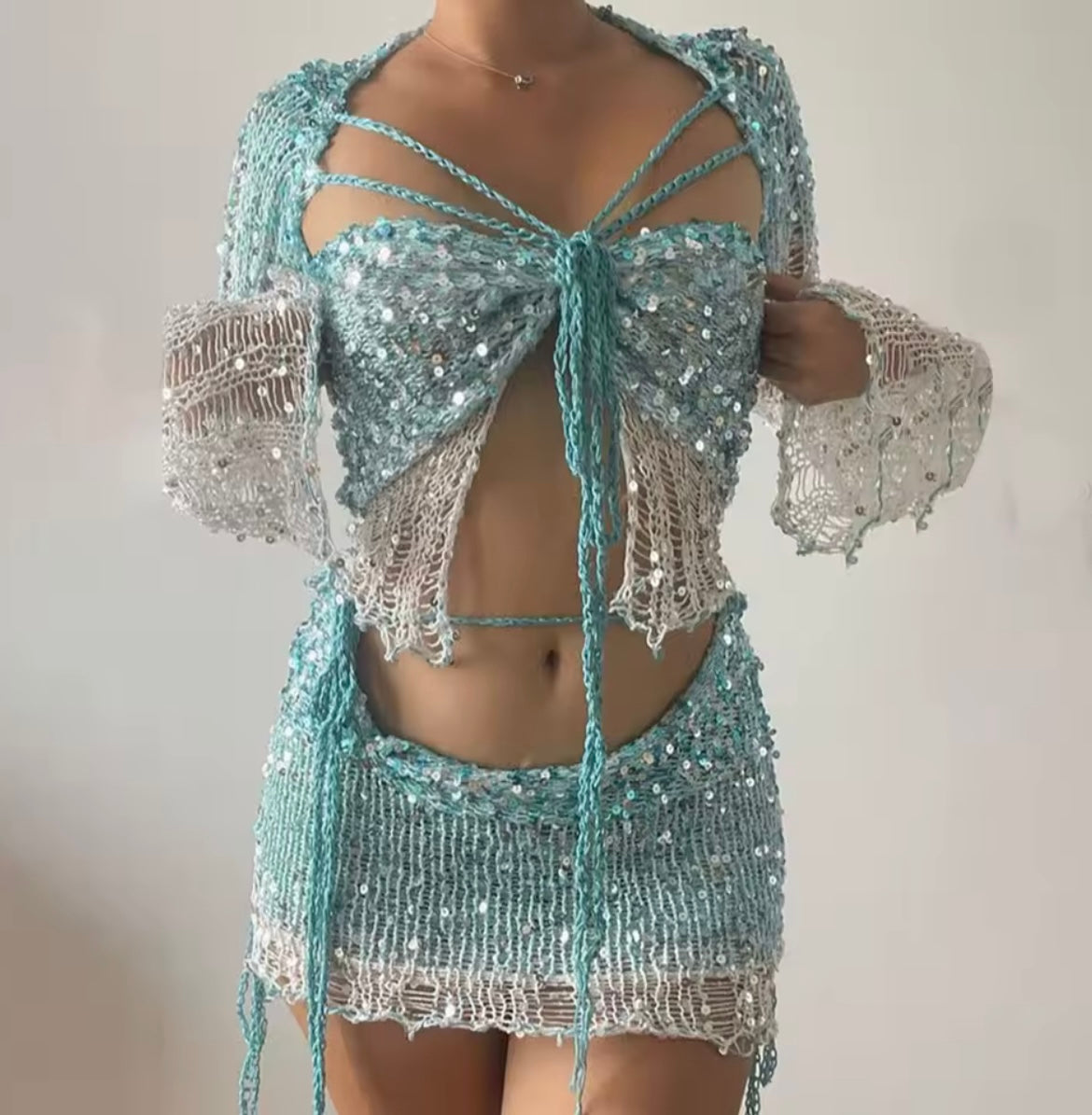 Crochet Knitted Dress 2 Piece Skirt Sets with Beaded Detailing and Flared Sleeves for Stylish Outfits
