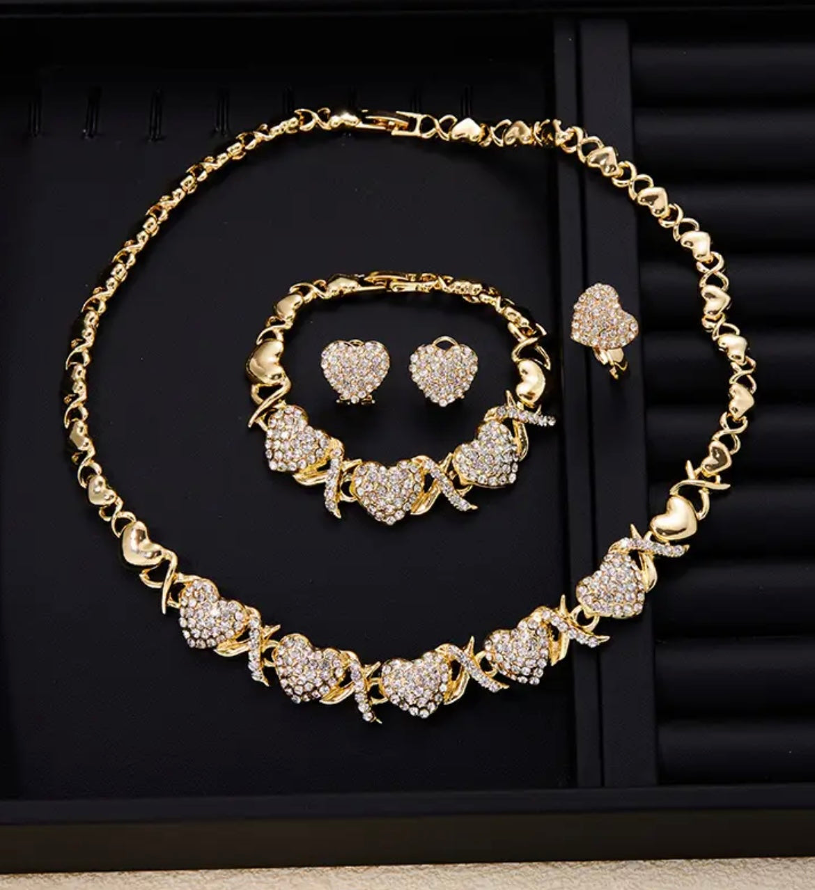 4pcs/set, Classic and Popular Heart-shaped Pendant Necklace, Ring, Earring, Bracelet Set, Engagement Gift, Bridal Wedding Accessory
