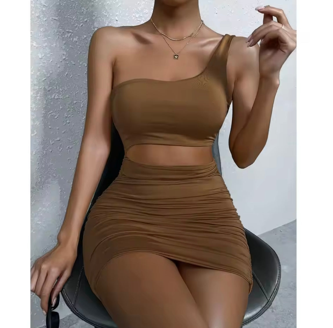 Sexy One Shoulde Backless Bodycon Mini Dress Women's Waist Hollow Out Tight Pleated Wrapping Dress
